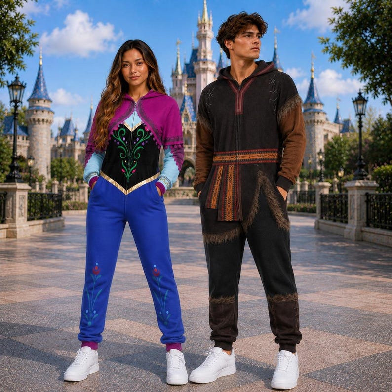 Anna and Kristoff Frozen Matching Couples Jumpsuit, Arendelle Couple Costume, Nordic Floral Onesie, Halloween Cosplay Outfit, Couple Gi
