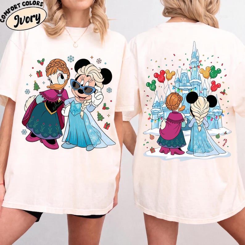 Disney Christmas Shirt, Frozen Castle Tee, Daisy Duck as Anna Minnie as Elsa Matching Top, Cute Holiday Character Graphic T-Shirt for Trip