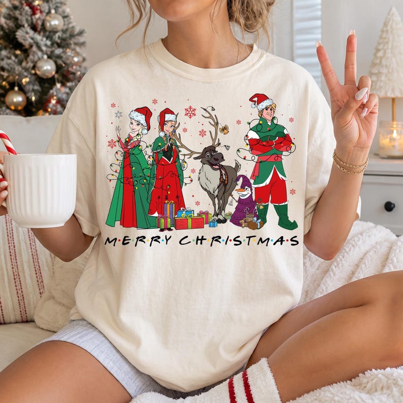Frozen Christmas Comfort Colors® Shirt, Elsa  Anna  Olaf Xmas Lights T-shirt, Retro Kristoff & Sven Christmas Tee